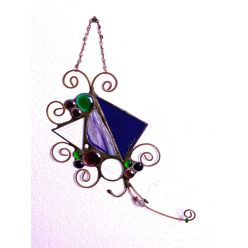 Caruso & Foschi Designs Signed Stained Glass, Natural Stone, Copper Suncatcher